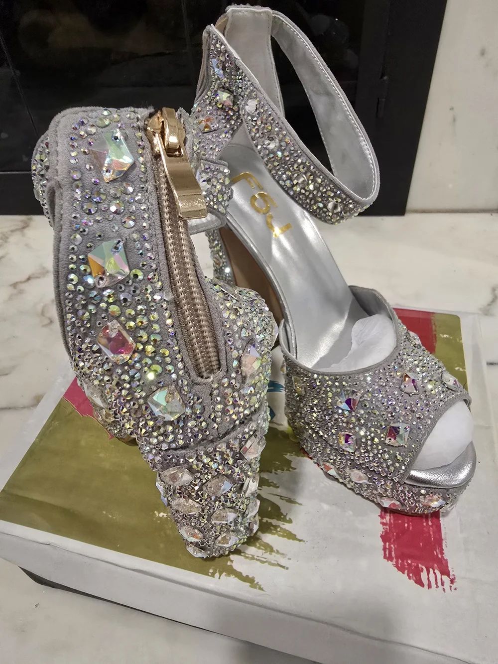 Iridescent Rhinestone Embellished Platform Heels - Sparkling Multi